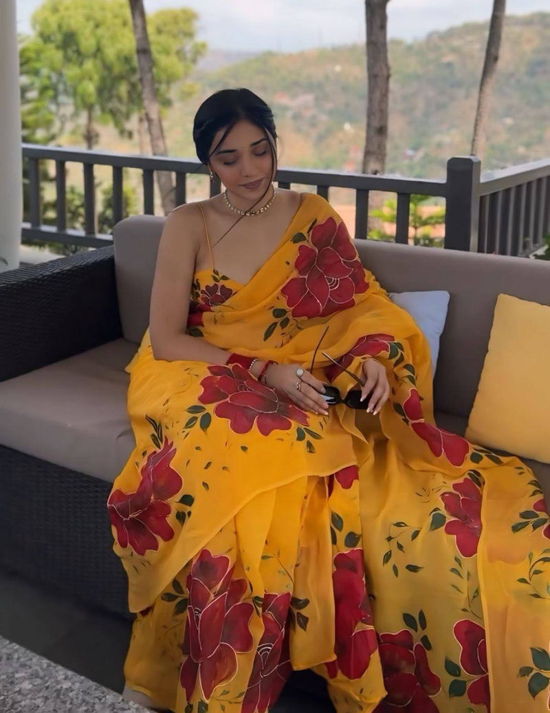 "Instant Glam: Ready to Wear Georgette Silk Saree with Yellow Floral Design"