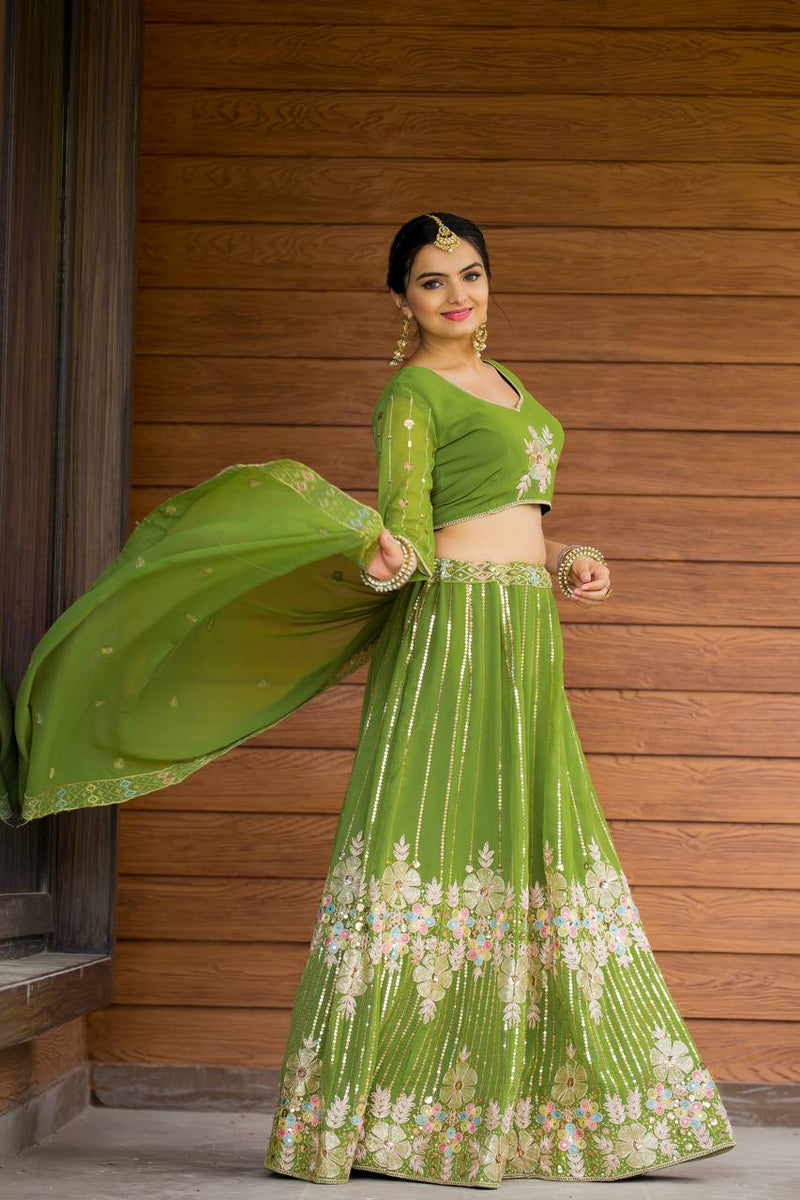 Elegant Heavy Fox Georgette Lehenga with Sequins & Dori EmbroideryUnstitched Choli & Dupatta