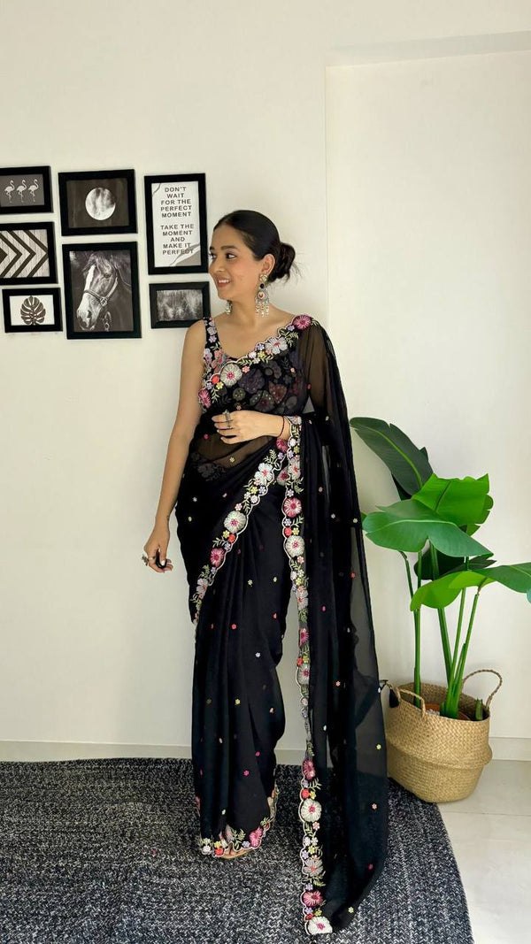 Elegant Faux Georgette Saree with Multicolor Embroidered Sequins, Perfect for Casual and Party Wear