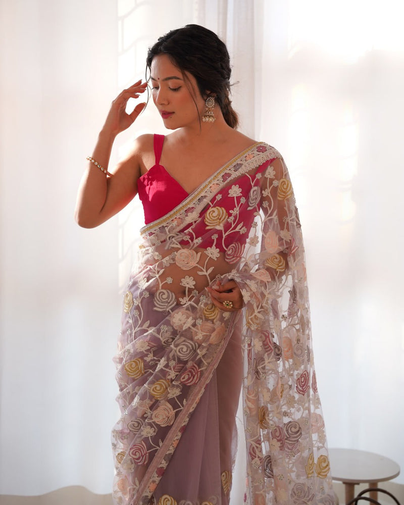 Butterfly Net Saree with Multicolor Aari Embroidery and Stone Work