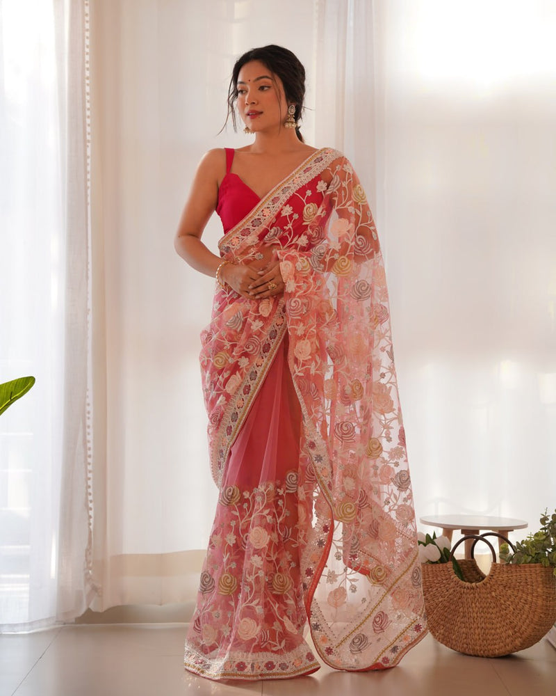 Butterfly Net Saree with Multicolor Aari Embroidery and Stone Work