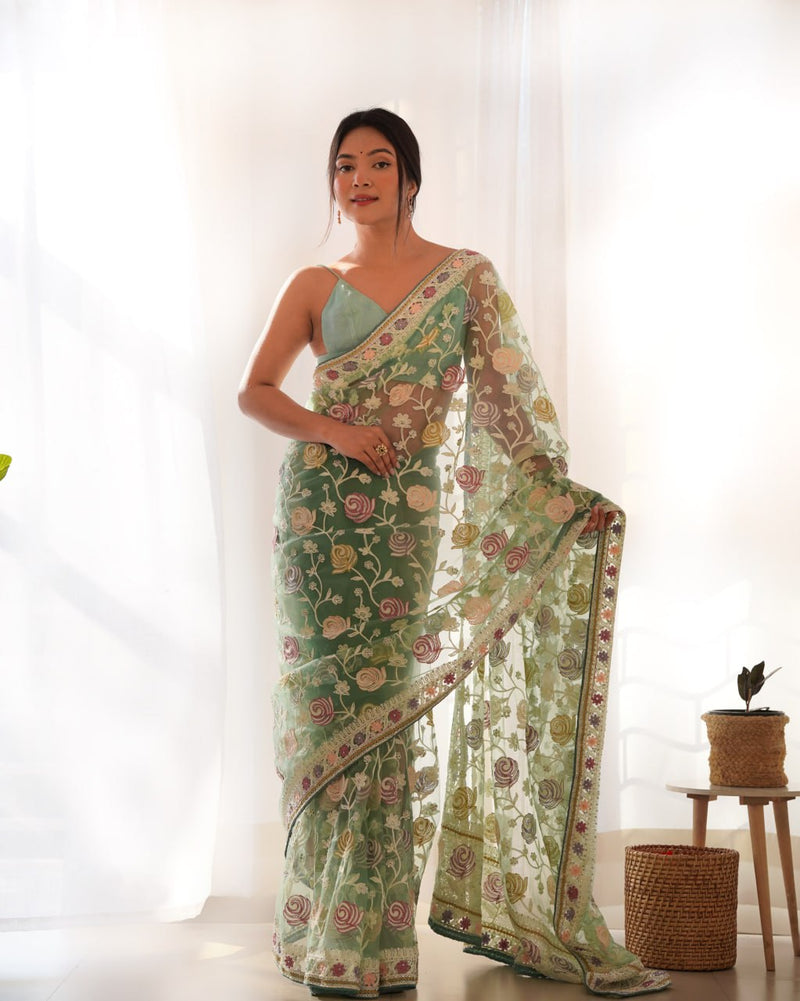 Butterfly Net Saree with Multicolor Aari Embroidery and Stone Work