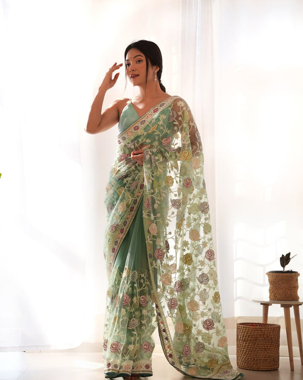 Butterfly Net Saree with Multicolor Aari Embroidery and Stone Work