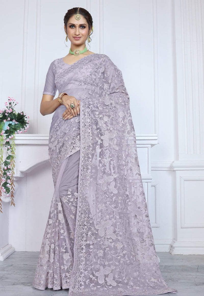 Butterfly Net Saree with Multicolor Aari Embroidery and Stone Work