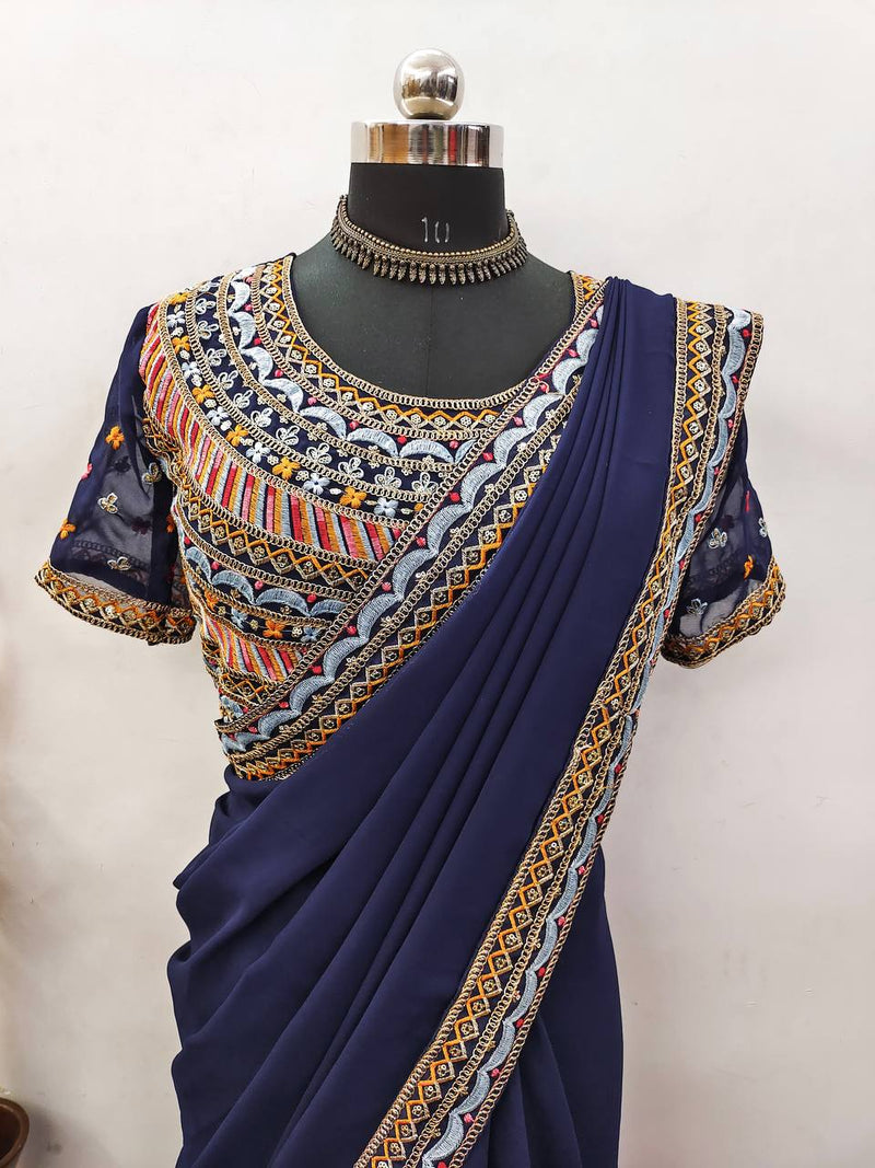 Stunning NILORMY Georgette Saree - Embroidered Elegance for Special Occasions