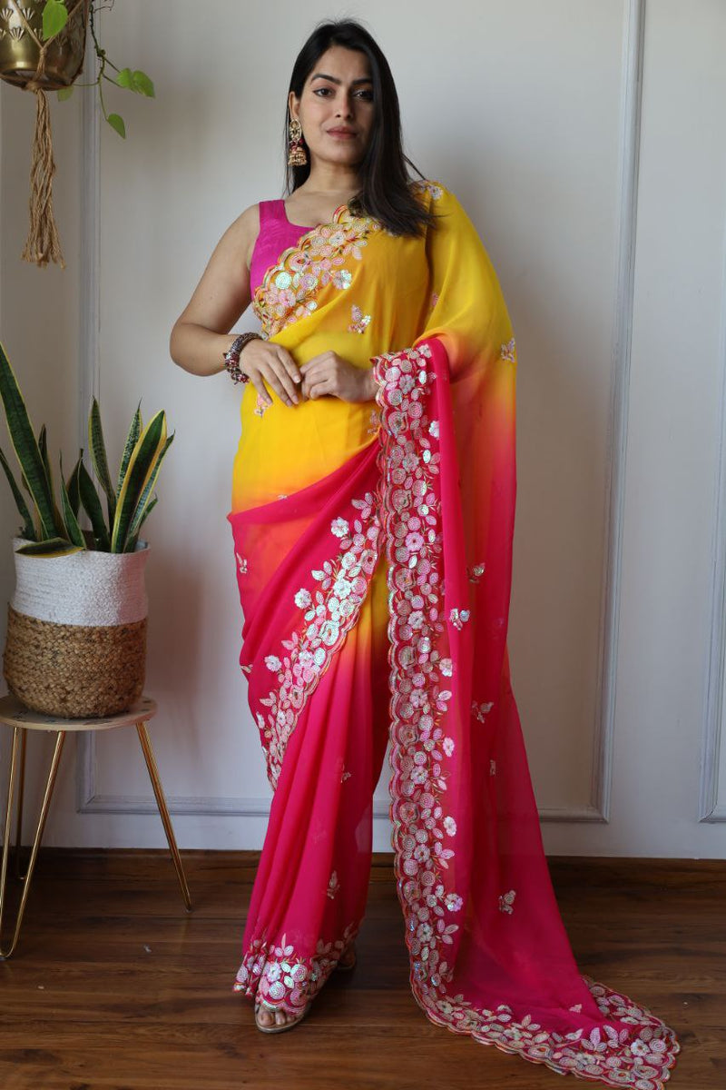 Pure Fox Georgette Saree with Designer Embroidered Work - Pink and Yellow Shaded, Sequence & Thread Work