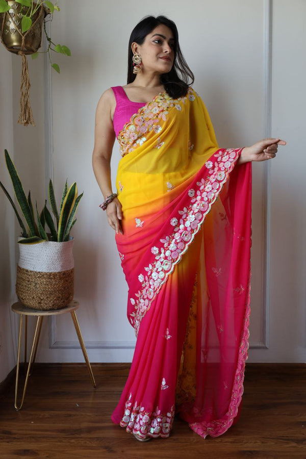 Pure Fox Georgette Saree with Designer Embroidered Work - Pink and Yellow Shaded, Sequence & Thread Work