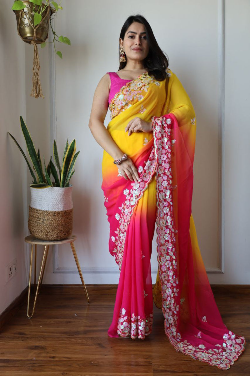 Pure Fox Georgette Saree with Designer Embroidered Work - Pink and Yellow Shaded, Sequence & Thread Work