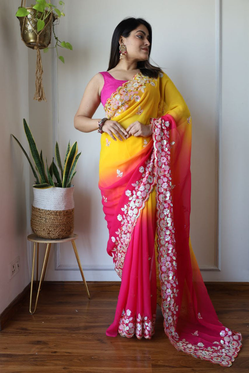 Pure Fox Georgette Saree with Designer Embroidered Work - Pink and Yellow Shaded, Sequence & Thread Work