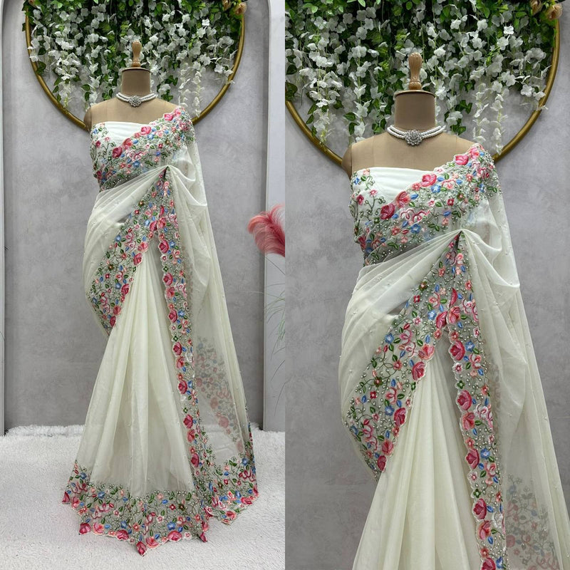 Designer Saree in Heavy Tibby Silk with Intricate Thread & Sequin Work and Pearl Embellishments