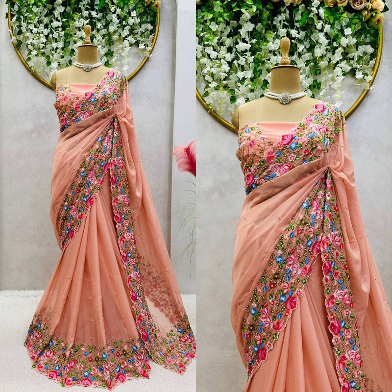 Designer Saree in Heavy Tibby Silk with Intricate Thread & Sequin Work and Pearl Embellishments