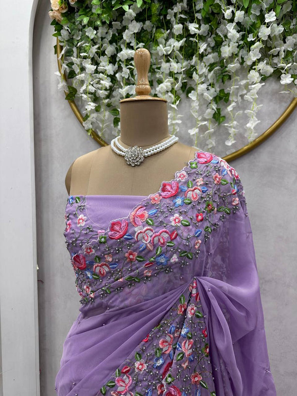 Designer Saree in Heavy Tibby Silk with Intricate Thread & Sequin Work and Pearl Embellishments