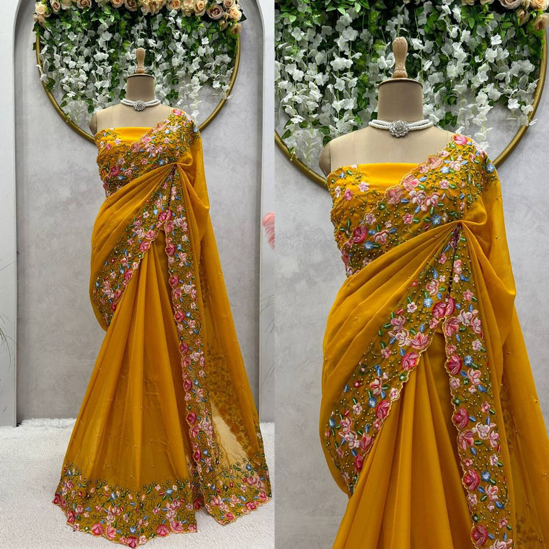 Designer Saree in Heavy Tibby Silk with Intricate Thread & Sequin Work and Pearl Embellishments