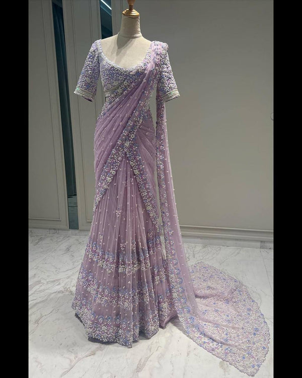 Purple Designer Saree – Soft Net Fabric with Thread, Sequins & Pearl Work