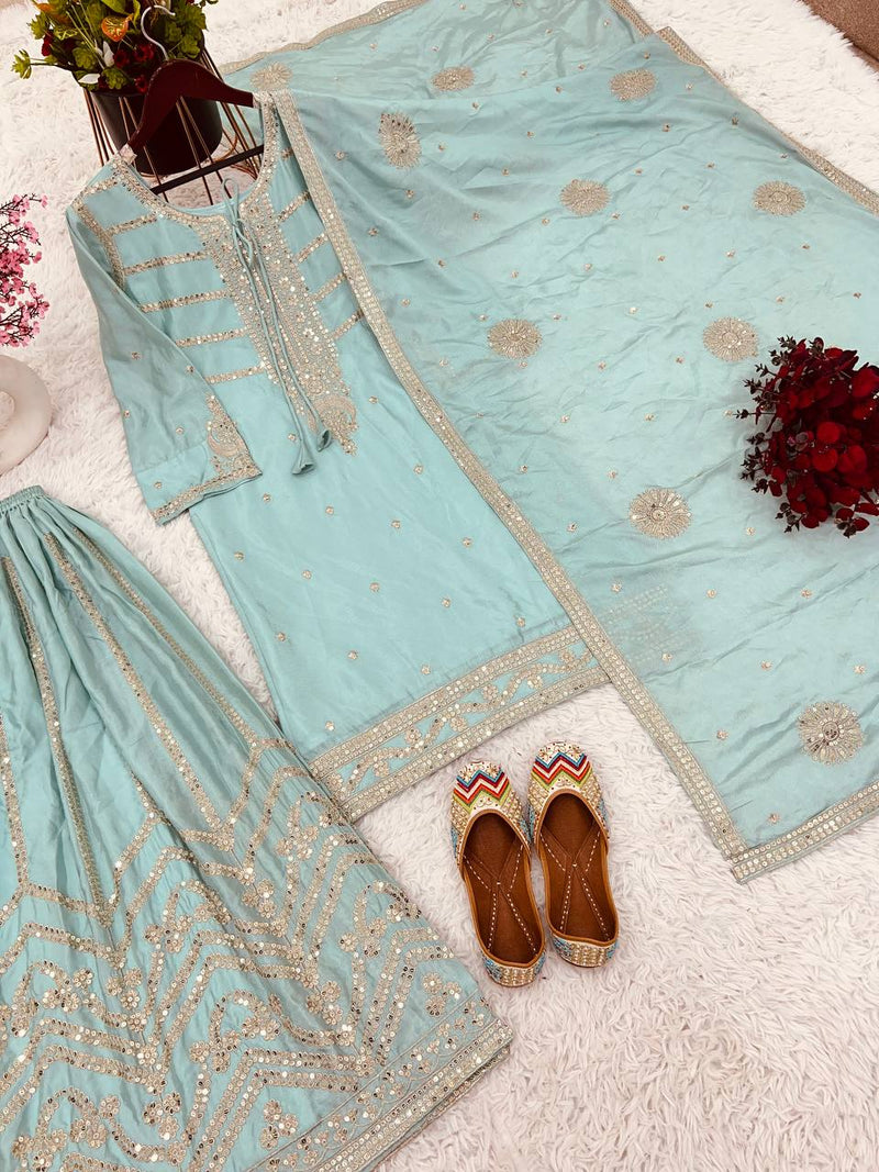 Luxurious Chinnon Silk Ensemble: Fully Stitched Top, Sharara & Dupatta