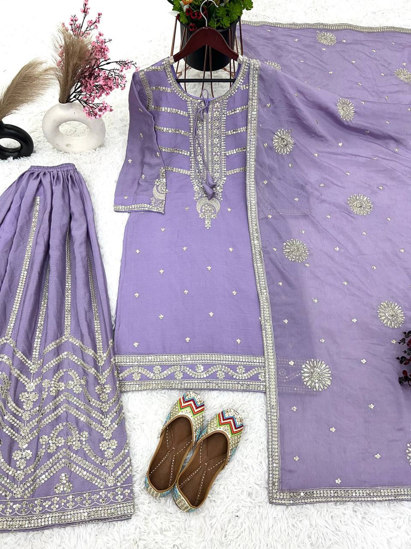 Luxurious Chinnon Silk Ensemble: Fully Stitched Top, Sharara & Dupatta