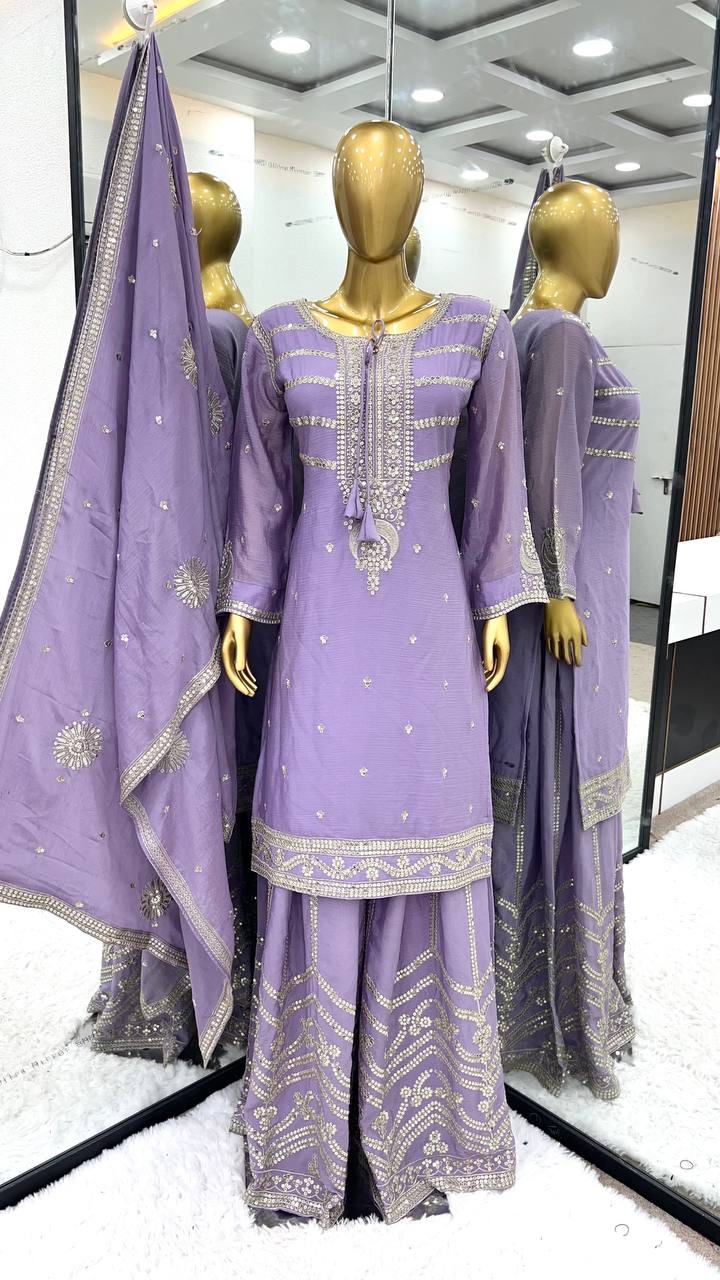 Luxurious Chinnon Silk Ensemble: Fully Stitched Top, Sharara & Dupatta