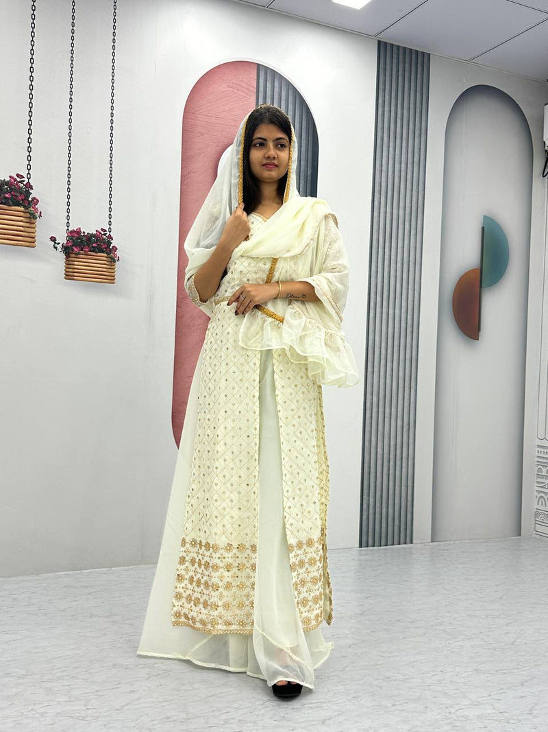 Off-White Embroidered Plazzo Top Set with Dupatta