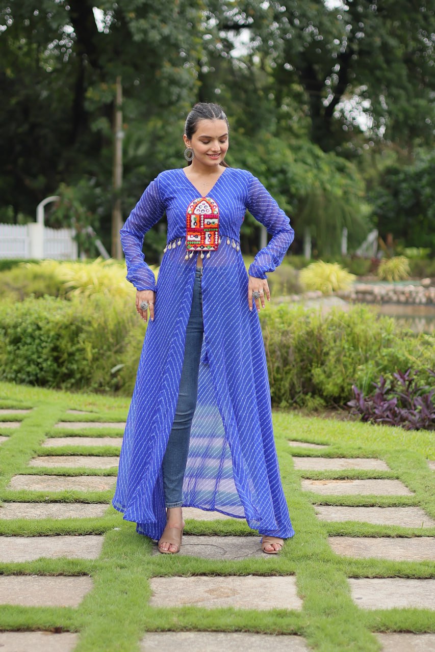 Designer Leheriya Front-Open Kurti with Kutchi Patchwork