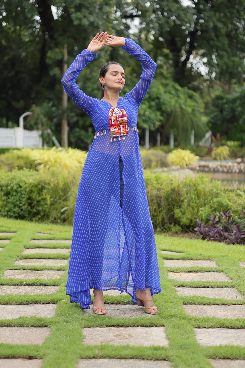 Designer Leheriya Front-Open Kurti with Kutchi Patchwork