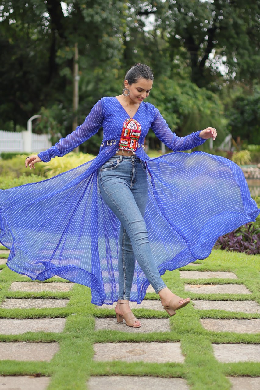 Designer Leheriya Front-Open Kurti with Kutchi Patchwork