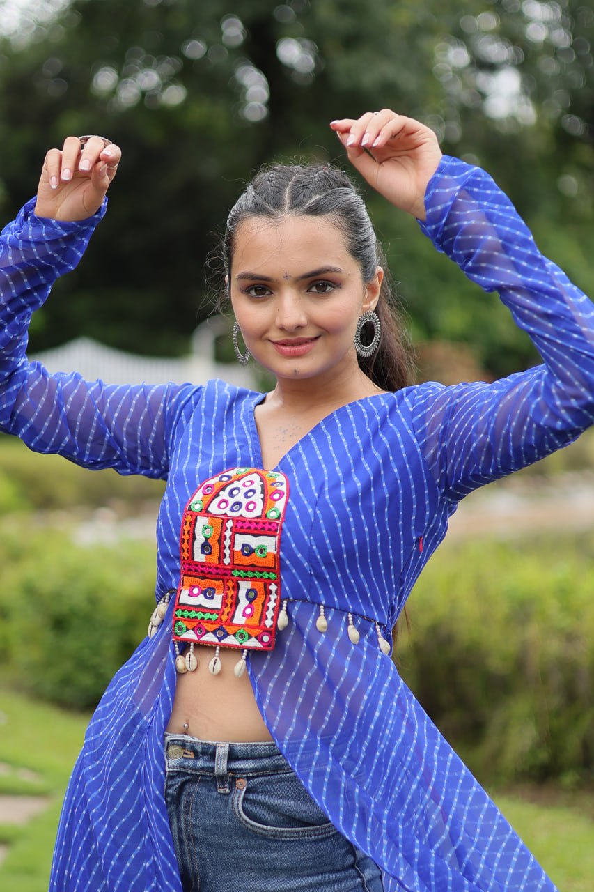 Designer Leheriya Front-Open Kurti with Kutchi Patchwork