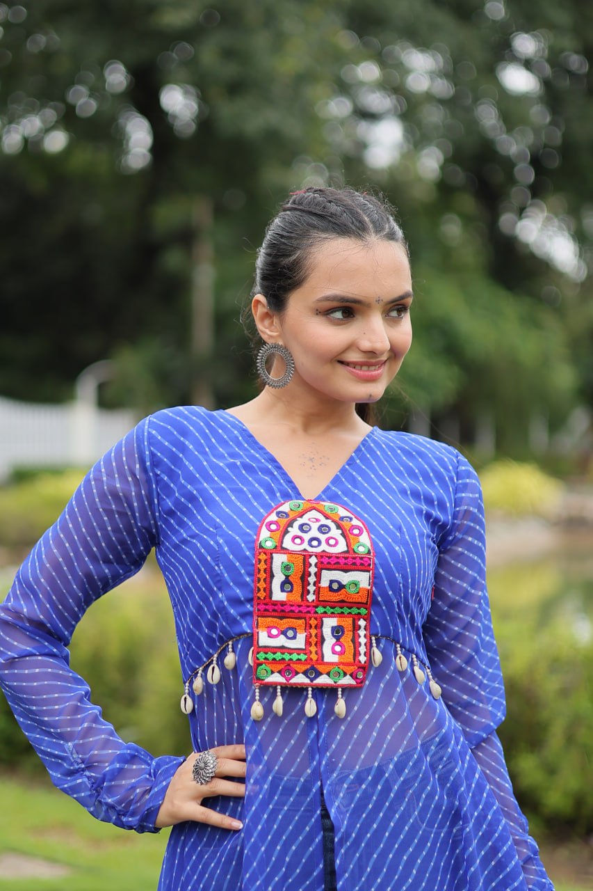 Designer Leheriya Front-Open Kurti with Kutchi Patchwork