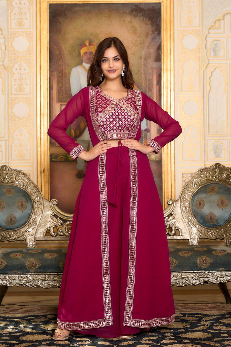 Festival Shrug & Plazzo Set with Choli - Maroon Color