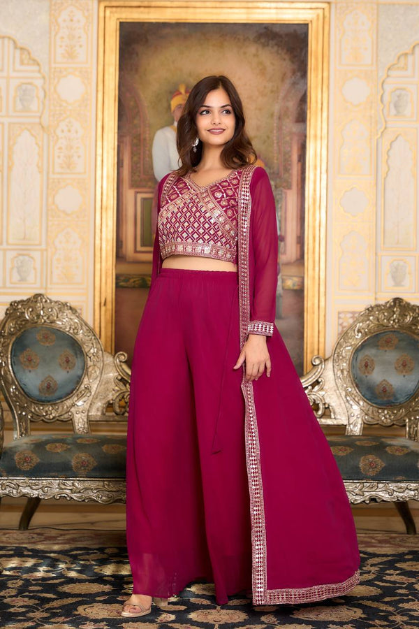 Festival Shrug & Plazzo Set with Choli - Maroon Color