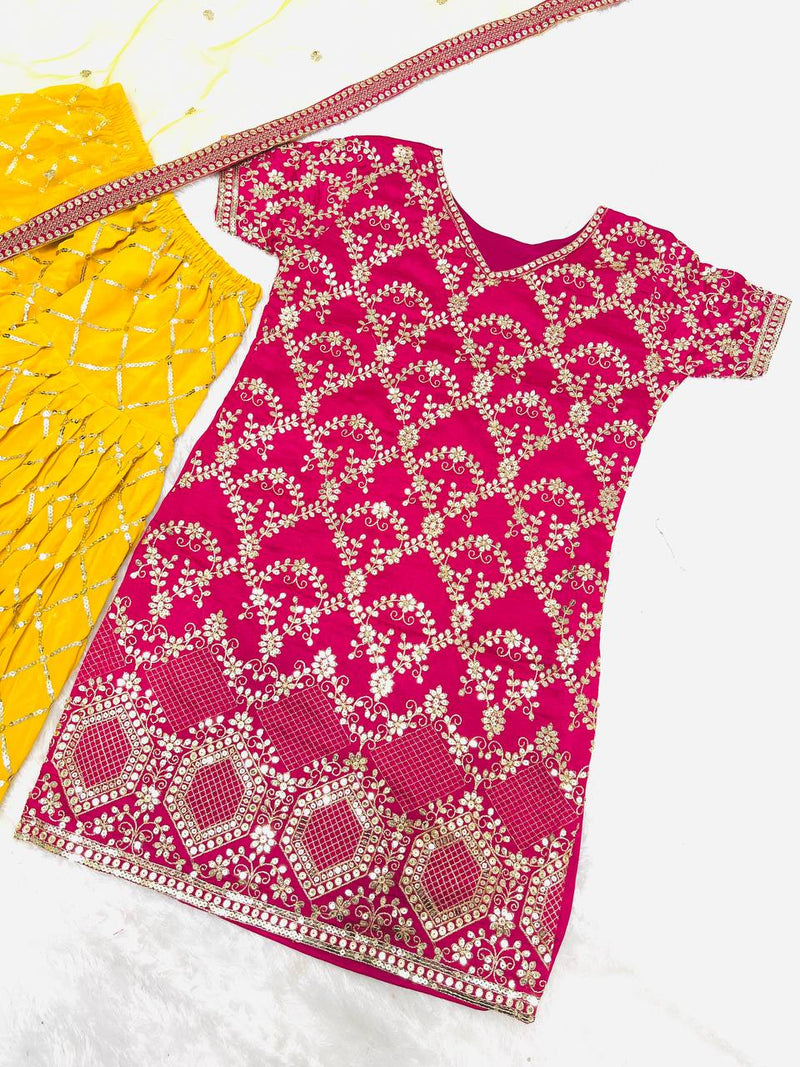 Pink Top & Yellow Patiala Bottom Set - Pure Vichitra Silk Heavy Embroidery