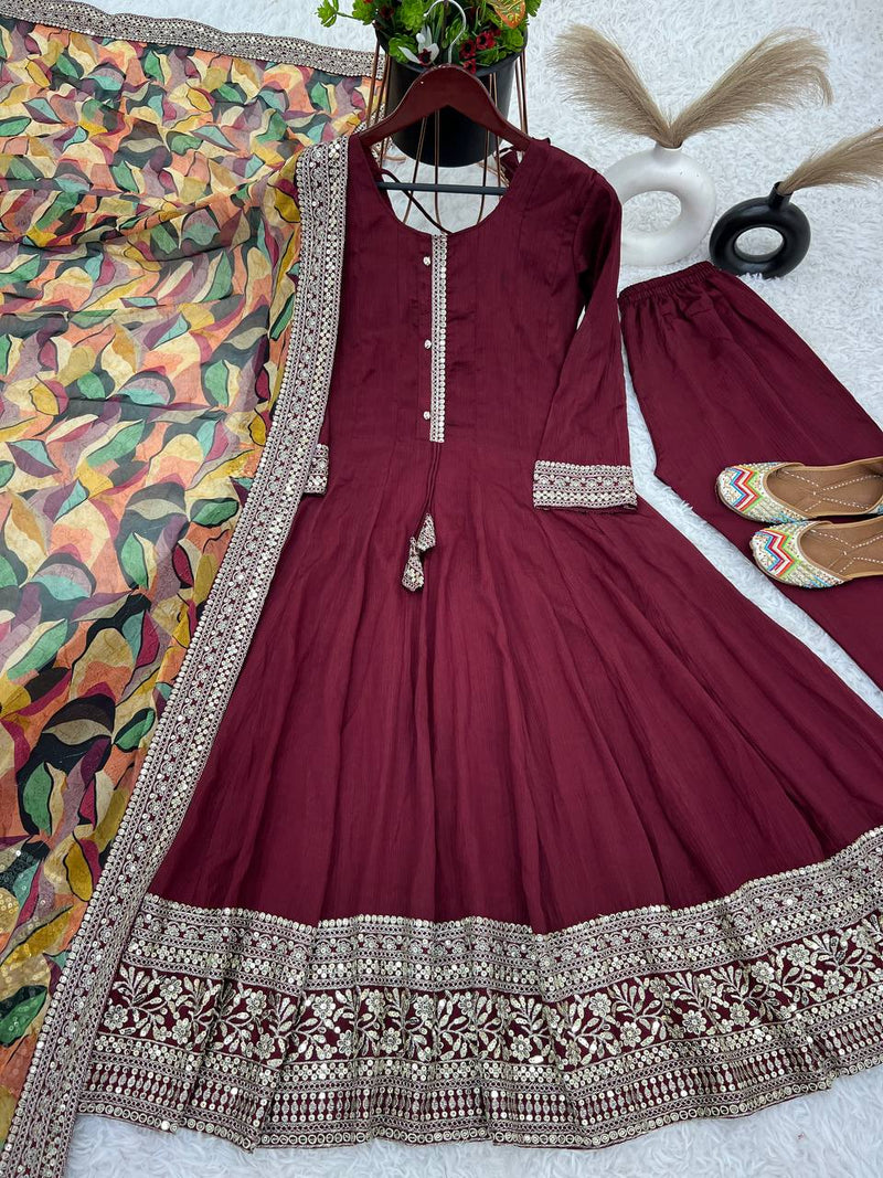 Maroon Designer Party Wear Gown with Dupatta