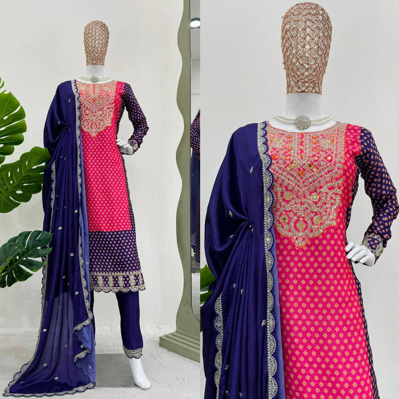 Designer Suit in Chinon Silk Fabric with Real Mirror Work