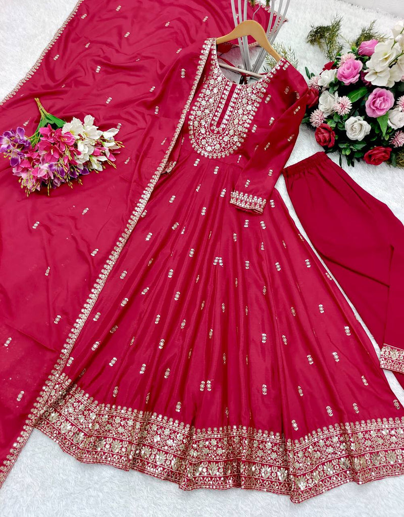 Maroon Heavy Chinon Silk Gown Set with Dupatta