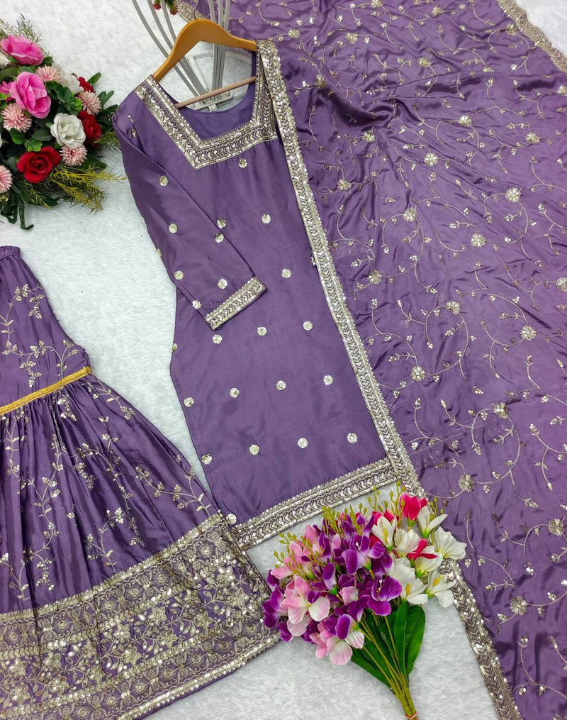 Purple Heavy Chinon Silk Gown Set with Dupatta