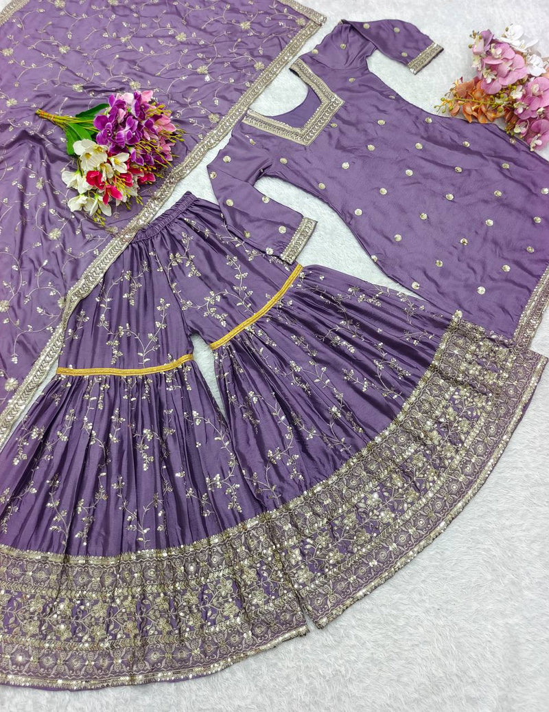 Purple Heavy Chinon Silk Gown Set with Dupatta