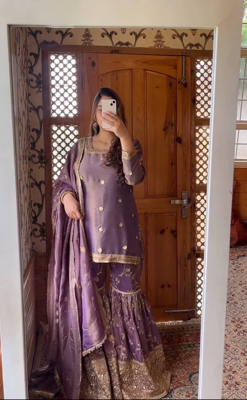 Purple Heavy Chinon Silk Gown Set with Dupatta