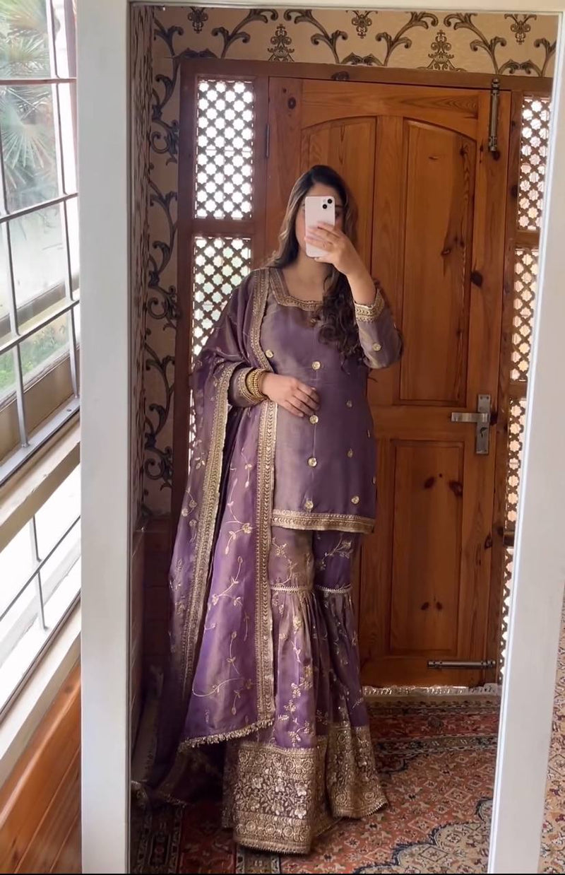 Purple Heavy Chinon Silk Gown Set with Dupatta