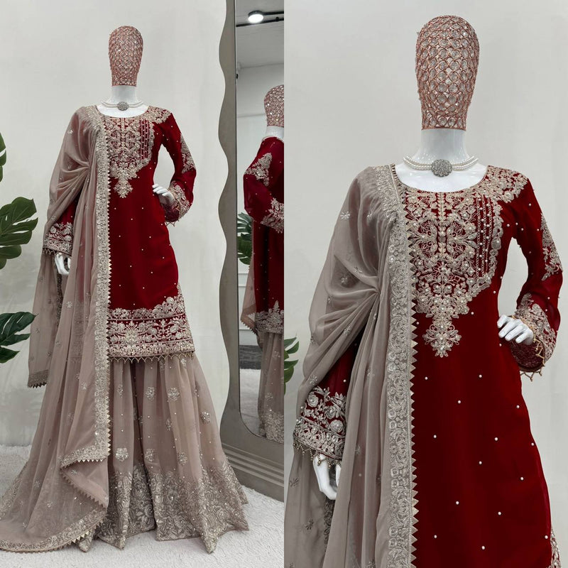 Designer Faux Georgette Suit with Sharara & Dupatta