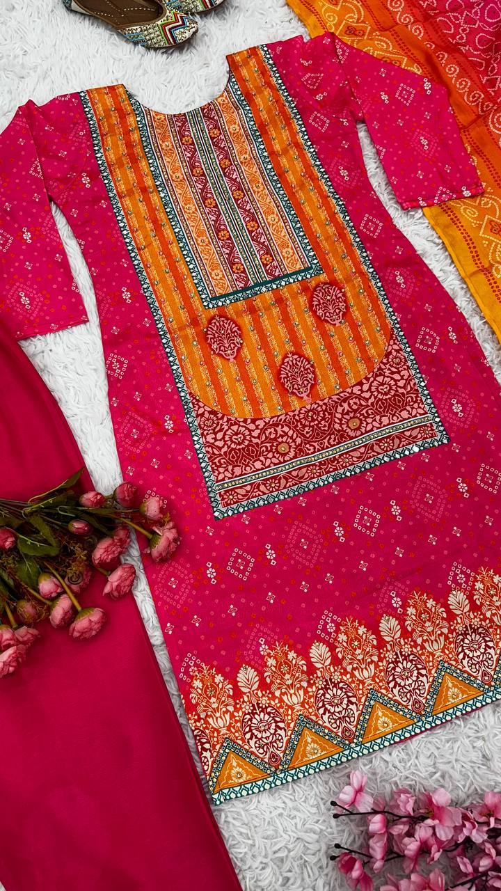 Designer Top-Bottom & Dupatta Set | Chinnon Silk with Mirror Work & Digital Print