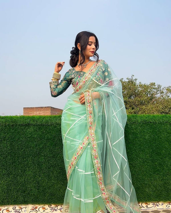 Exquisite Butterfly Net Saree – Intricate Embroidery & Pearl Moti Work