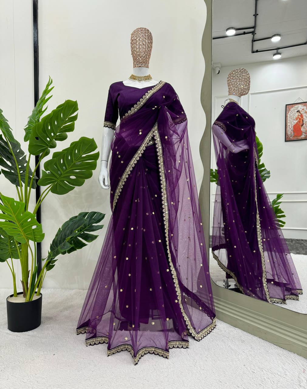 Soft Net Saree with Coding & Sequence Work