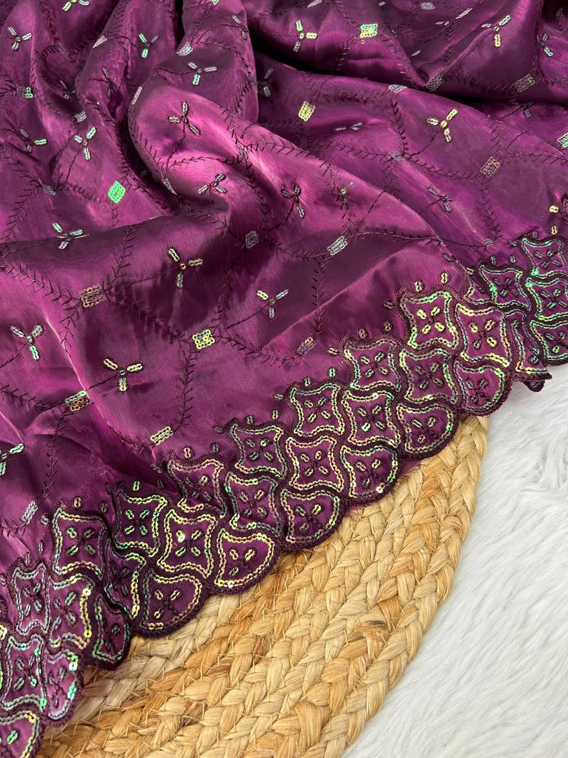 Designer Embroidered Geemichu Silk Saree with Cutwork and Mono Diamond Silk Blouse