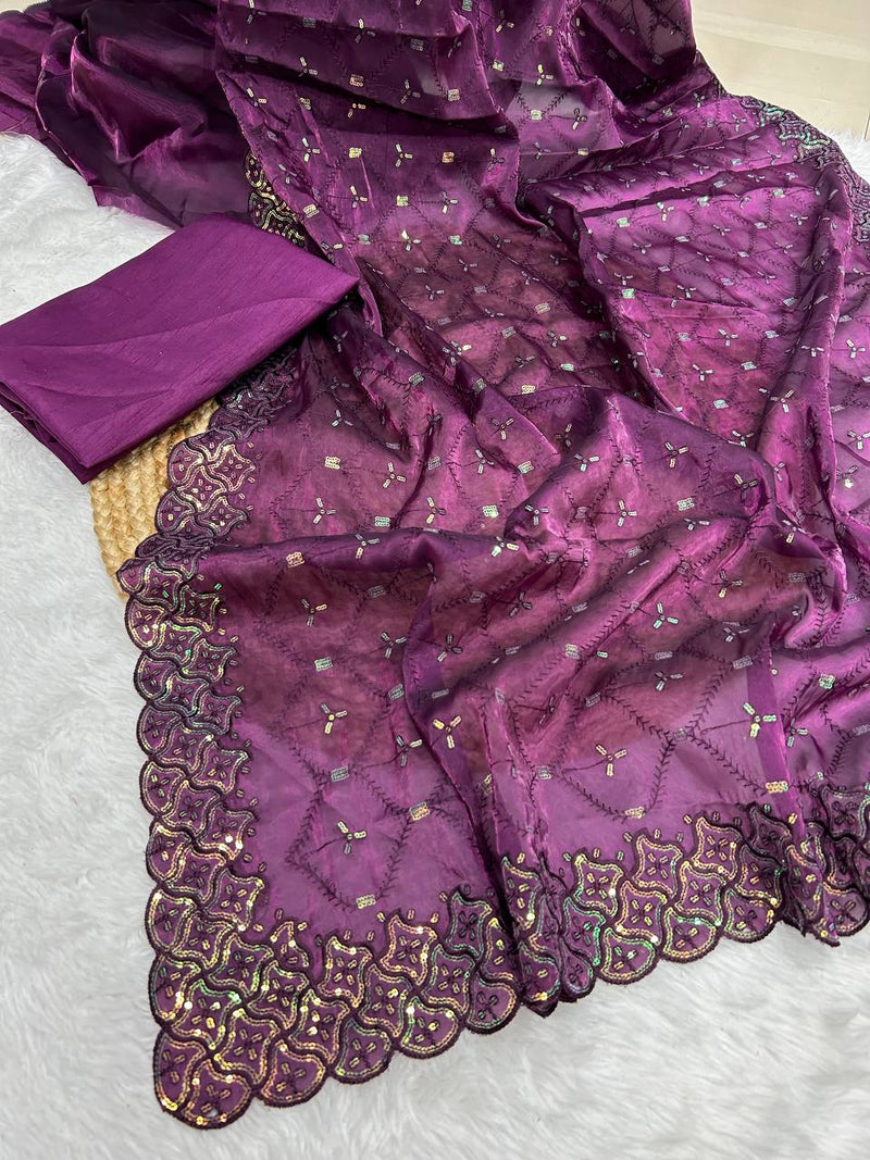 Designer Embroidered Geemichu Silk Saree with Cutwork and Mono Diamond Silk Blouse