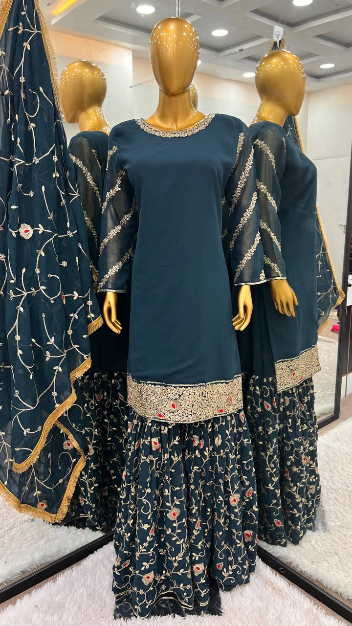 Elegant Party Wear Designer Set with Embroidered Top, Gharara, and Dupatta