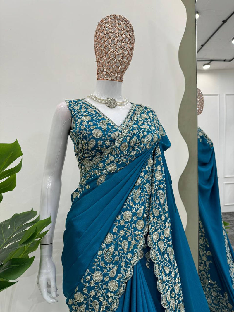 Teal Blue Designer Saree – Heavy Chinon Fabric with Thread & Sequins Work