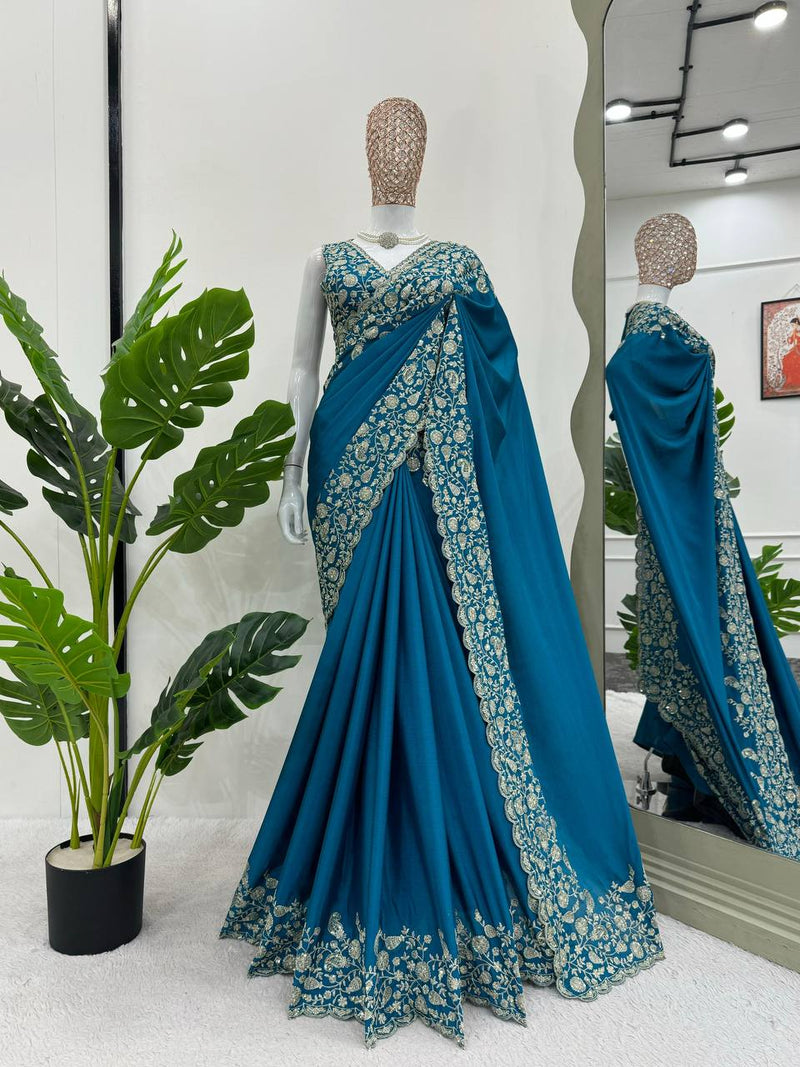 Teal Blue Designer Saree – Heavy Chinon Fabric with Thread & Sequins Work