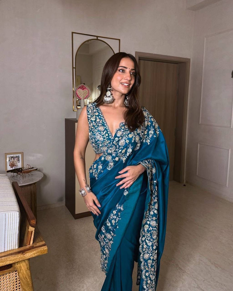 Teal Blue Designer Saree – Heavy Chinon Fabric with Thread & Sequins Work