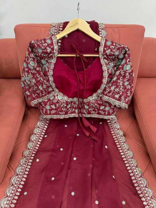 Maroon Designer Saree – Heavy Tibby Silk with Thread & Sequins Work