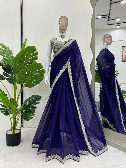 Navy Blue Georgette Saree – Intricate 9MM Sequins & Thread Work