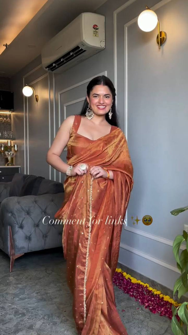 Orange Designer Saree in Chimar Tissue Silk